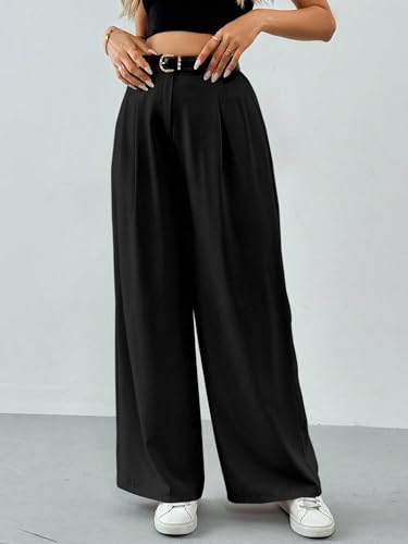 Image of Solid High Waist Straight Korean Loose Pleated Wide Leg Trouser for Women's & Girl's