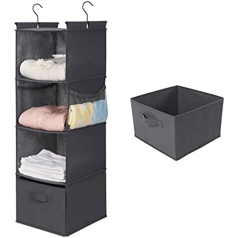 4-Shelf Hanging Closet Organizer, Space Saver, Cloth Hanging Shelves with 2 Side Pockets, Foldable (Grey) Cover
