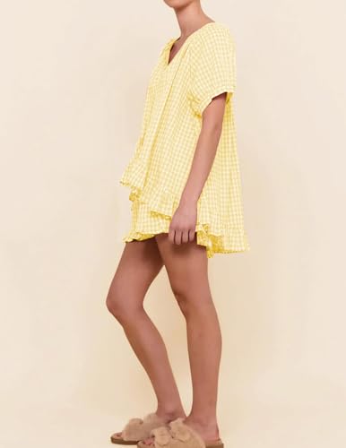 Womens Gingham Pajama Set 2 Piece Cotton Short Sleeve Plaid Ruffle Pjs Outfits Lounge Babydoll Shirt Sleepwear3