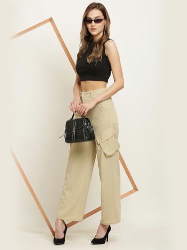 Image of Fashion Women's Casual Cargo Pants Flared High Waist Relaxed Fit Stretchable Parallel Trousers