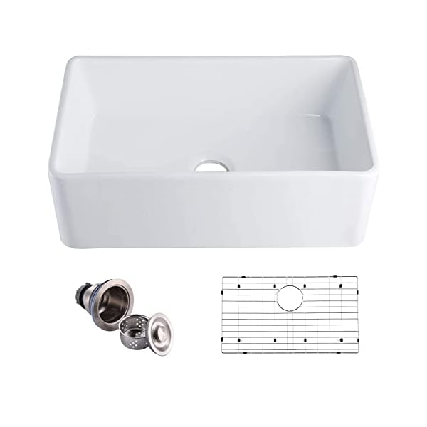 HOROW HRSW Farmhouse Kitchen Sink, 30-inch Single Bowl Sink with Bottom Grid & Strainer, Large Apron-front Fireclay Sink, Undermount Farm Sink, 18"D x 30"W x 10"H, White