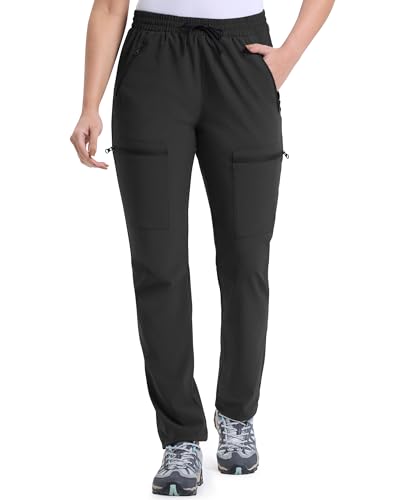 33,000ft Womens Golf Pants with 5 Zippered Pockets Quick Dry Lightweight Hiking Pants Elastic Waist Water-Resistant Outdoor Black