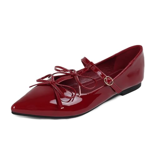 Women's Patent Leather Fashion Mary Jane Flats Pointed Closed Toe Ankle Strap Dress Shoes Double Bowknot Party Prom Flat Pumps