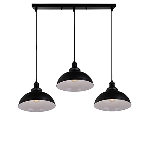 PETITES ECREVISSES Suspension Luminaire 3 Lampes Vintage Lustre Abat-jour Noir Industriel LED en Métal 20cm E27 éclairage Lampe de Plafond (Noir - avec une barre)