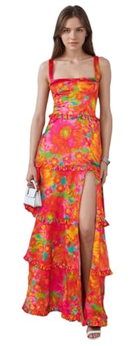 Satin Bridesmaid Dresses for Women Spaghetti Straps Tiered Prom Formal Evening Gown with Slit ZX45