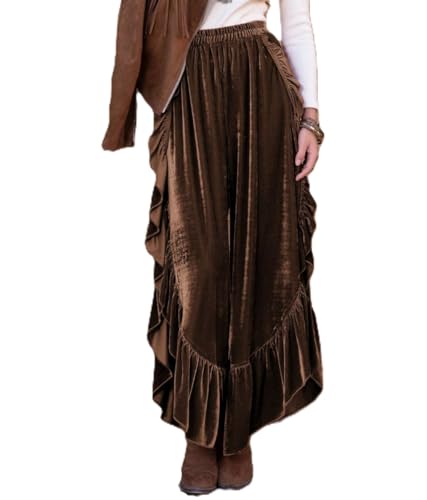 Velvet Palazzo Pants for Women Asymmetrical Ruffle Hem High Waist Flowy Wide Leg Trousers Boho Flare Pants