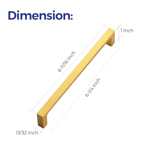 Image of Ravinte Brushed Brass Solid Pulls Cabinet Handles 6-1 /4 Inch 20 Pack | Solid Zinc, Slim Design, Mounting Screws Included, Kitchen Cabinet Hardware, For Cupboards, Dressers, Drawers