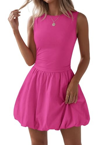Image of KIRUNDO Summer Dresses for Women 2026 Cute Mini Sleeveless Bubble Dress | Stretchy Ruched Front Cinched Waist, Woven Balloon Skirt, Crewneck Tank Sundress With Pockets, Casual Party Vacation Outfits