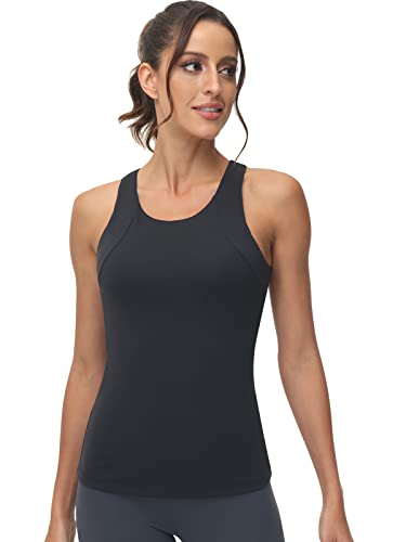 High Neck Workout Tank Tops Sports Bras For Women Full Coverage Tank With Built-In Shelf Bras Racerback Yoga Gym Shirt Black #TOP2