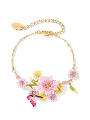 Flower Butterfly And Stone Enamel Charm Thin Bracelet Handmade Jewelry Gift