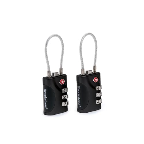 Brookstone Cable Lock - 2 Pack TSA-Approved 3-Digit Keyless Luggage Travel Lock - Resettable Combination Wire Padlock, Black