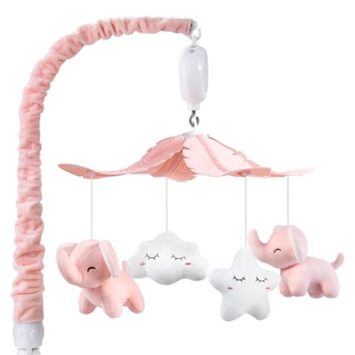 Image of FEISIKE Mobile for Crib Bassinet Girls Baby Mobiles with 3 Modes Digital Music Box（Turn Only, Music Only, Turn & Music, 35 Lullabies, Pink Elephant Nursery Mobile, Clamp Type, Pretty Box Packaging