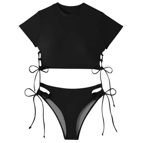 Maillot de bain 2 pièces tendance avec haut manches courtes et cordon de serrage