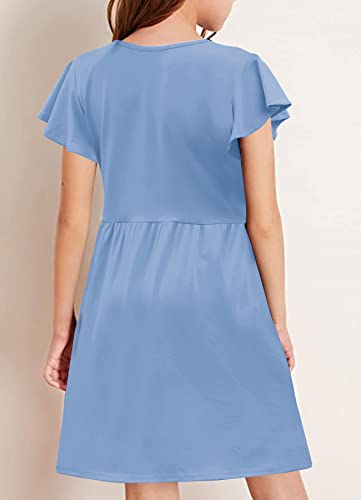 Hosika Girls Short Sleeve Button Down Ruffle Casual A-Line Swing Midi Dress With Pockets For Kids 12-13 Years Light Blue #TOP3