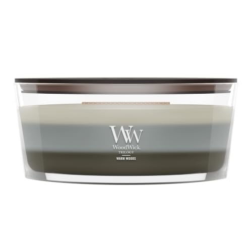 WoodWick Warm Woods Trilogy Holiday Candle Gifts for Women and Men, 16 oz Ellipse Trilogy Candle with Crackling Wick