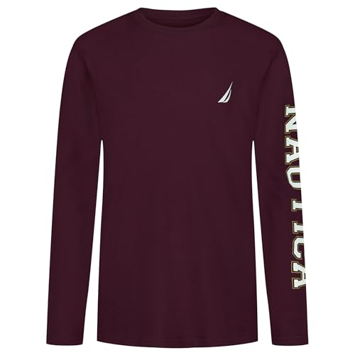 Nautica Boys' Long Sleeve Graphic Crew Neck T-Shirt, Soft, Comfortable, Relaxed Fit, Bold Tawny Port, 18-20