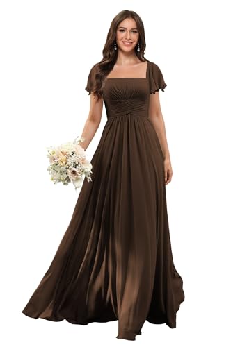 Flutter Sleeves Maxi Bridesmaid Dresses Long with Pocket Brown A Line 2026 Pleated Square Neck Maxi Formal Evening Party Gowns for Women US6