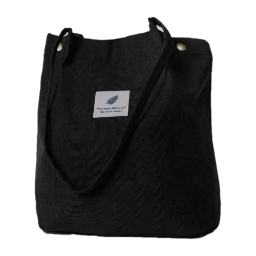Aucuu Bolso de Mano de Pana,Bolso de Hombro con Bolsillo Interior Reutilizable Lavable,para Escuela, Colegio, Trabajo, Compras, Viajes-Negro Cover
