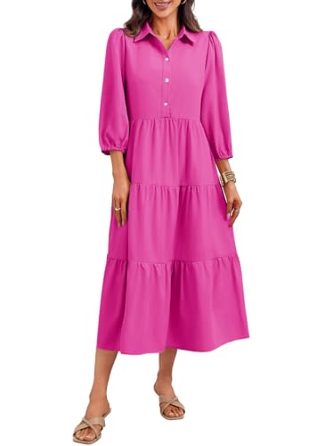 Image of Wenrine Womens Casual 3 /4 Sleeve Shirt Dress Button Down V Neck Tiered Collared Flowy Maxi Dress