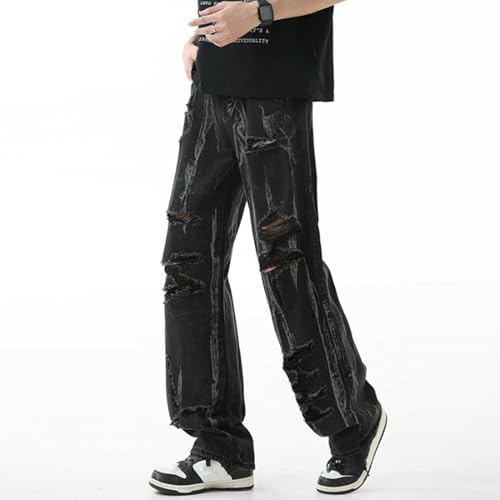 Men’s Ripped Black Jeans Baggy Straight Leg Denim Pants with Washed Streak Detail and Distressed Grunge Look4