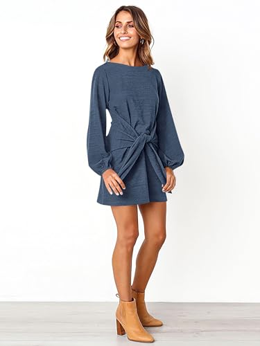 Image of PRETTYGARDEN Womens Spring Elegant Long Lantern Sleeve Short Dress Wedding Guest Crewneck Tie Waist Knit Cocktail Dresses