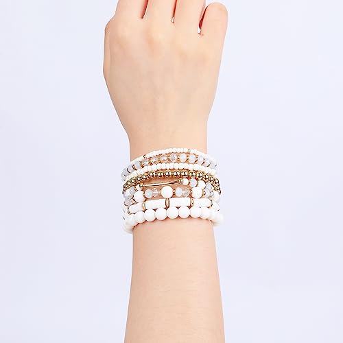 Ideajoy White Bracelet Bohemian Multi-Layer White Beaded Stacking Bracelets, 8 Pcs Versatile Strand Stretch Sparkly Crystal Beads Wrap Slip-On Cuff Bangle Set thumb #5