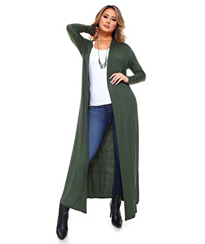 Image of Isaac Liev Women's Maxi Cardigan - Casual Long Flowy Open Front Floor Length Drape Lightweight Duster Sweater Made in USA Dark Olive