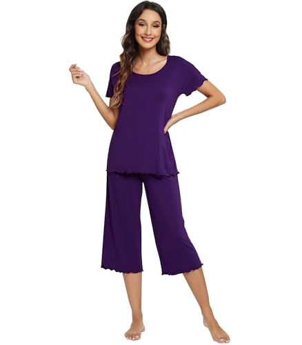 WiWi Cooling Pajamas for Women Soft Bamboo Viscose Lounge Sets Short Sleeve Top Capri Pants Pjs Sleepwear S-4X, Dark Purple, X-Large