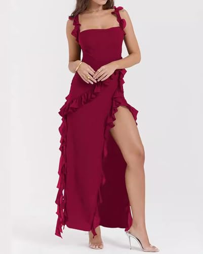 Image of houstil Women's Casual Summer Dress Strap Ruffle Beach Party Maxi Cocktail Evening Holiday Wedding Guest Dresses