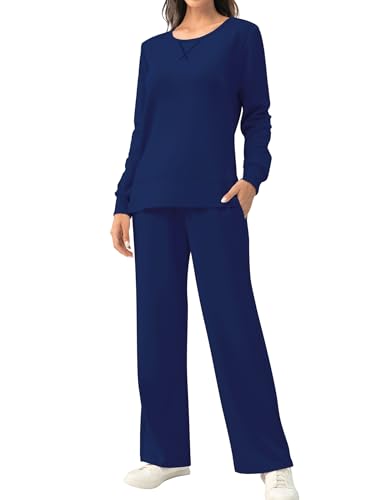 EYZH Women's 2-Piece Lounge Set,Travel Outfits - Long Sleeve Crewneck & Wide-Leg Pants Tracksuits, Side Slit Fall Loungewear