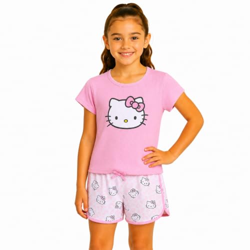 Image of Hello Kitty Girls Short Set - 2 Piece Short Sleeve Graphic Tee and Shorts Clothing Outfits (Sizes: 2T-12)