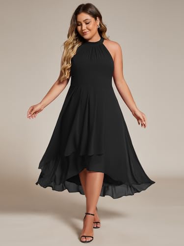 Ever-Pretty Plus Women's Sleeveless Halter A Line Pleated High Low Plus Size Wedding Guest Cocktail Dresses 31926-DA3