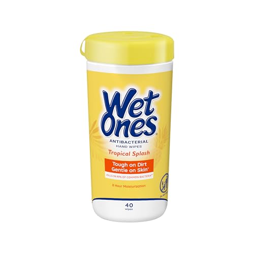 Image of Wet Ones Antibacterial Hand Wipes, Tropical Splash, 40 ct Canister (1 Pack) | Hand sanitizer wipes, Click-top canister lid, Made with aloe, Hypoallergenic, Paraben free, No sticky residue