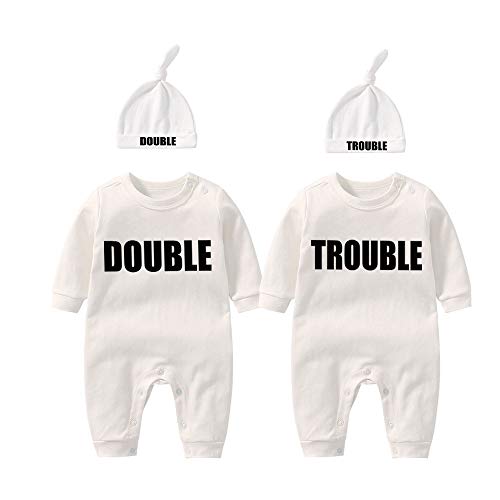 Image of YSCULBUTOL Baby Twins Bodysuits Funny Double Trouble Cute Girl Romper Twin Jumpsuits Hat Set