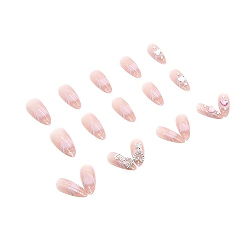 Misud Almond Press On Nails Medium Stiletto Fake Nails Glossy Glue On Nails Bling Glitter Pink Artificial Acrylic Nails Luxury 3D Heart Rhinestone Stick On False Nails 24 Pcs #TOP2