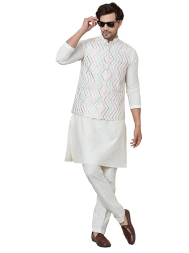 See Designs Men's White Sequin Embroidered Nehru Jacket With Solid Kurta-Pyjama (3 Piece Set) - Sdnj263501S