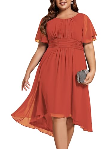 Ever-Pretty Women's A Line Crew Neck Short Sleeves Pleated Elastic Back Chiffon Midi Plus Size High Low Wedding Guest Dresses