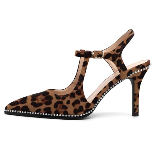 Image of SAMMITOP Womens High Heels Ankle Strap Pointed Toe Stilettos Patent Leather Beaded Pumps Dress Shoes 3.5 Inch