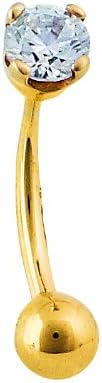 Body Gems 14k Curved Barbell 16 gauge 5/16" set with a 3mm Round CZ and 3mm Solid Gold Threaded Ball