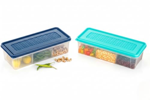 Image of MAGIC SPOON Multipurpose 3 Section Storage Container | Spice Box, Pickle Jar, Fridge Organizer, Dry Fruit, Vegetable & Kitchen Storage Container- Combo Pack (2000ml X 2) (AQUA-NAVY)