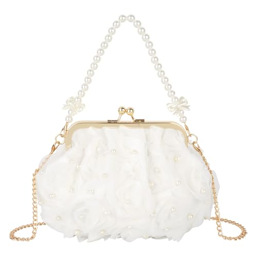 Pandalein Bolso de mujer con diseño de flores de seda, bolso de noche, bolso de novia, bolso de mano con perlas, cadena para bodas, graduaciones, fiestas, 00070 Blanco