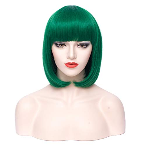 PATTNIUM Green Wig Bob Short Dark Green Wig with Bangs Cut Bob Wig Green Women Girls Synthetic Wig Cosplay Party Daily Wig (Dark Green)