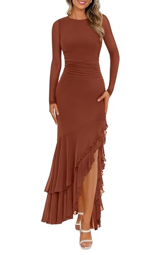 BTFBM Women's Maxi Dresses Fall 2025 Long Sleeve Ruched Bodycon Solid Ruffle Mermaid Cocktail Wedding Guest Dress