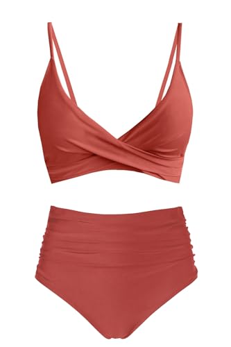 Image of Amy Babe Women's High Waisted Bikini Sets Push Up Twist Front Spaghetti Straps Ruched Two Piece Swimsuit Bathing Suit