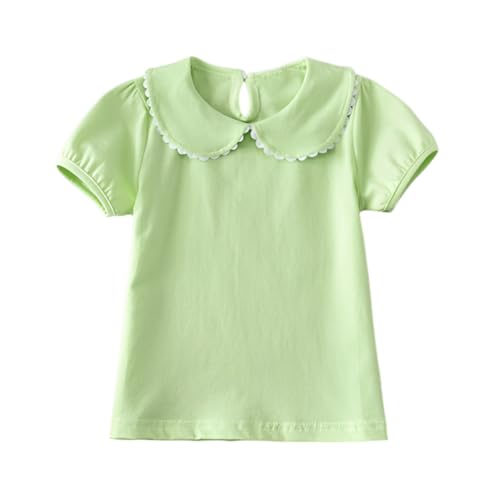 Image of MODNTOGA Kids Baby Girl Long Sleeve Collar Shirt Toddler White Blouse Puff Short Sleeve T-Shirt Solid Color Basic Top Bottom (Green, 2-3 Years(100))