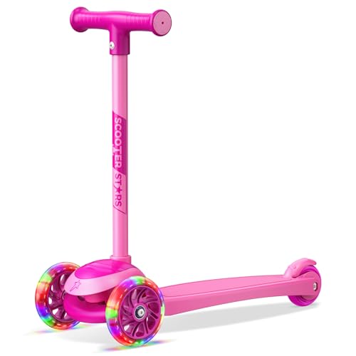3 Wheel Scooter for Kids Smooth Light Up LED Front Wheels Wide Anti Slip Deck Rear Foot Brake Easy Lean to Steer Maneuvering Indoor & Outdoor Ride On Toys for Ages 2 Up Pink Color
