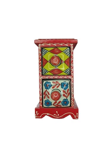 Especiero Indio decorativo de color rojo hecho de Madera y Cerámica de 2 cajones.