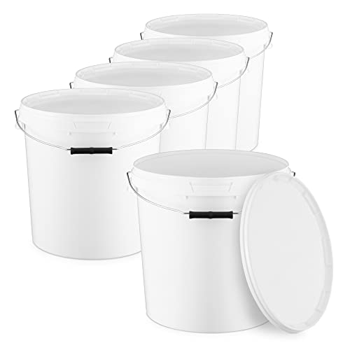 Eimer mit Deckel 5X 20l weiß - lebensmittelecht, stabil, luftdicht, auslaufsicher - Vorratsbehälter für Aufbewahrung aus Kunststoff, mit Metall-Henkel - leer, 5 Stück je 20 Liter