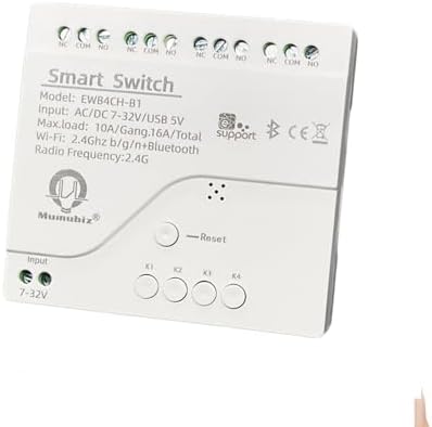 Módulo de interruptor de relé de contato seco inteligente WiFi e RF e Bluetooth de 4 canais, aplicativo de telefone remoto/controle de voz, temporizador, compatível com Alexa. (7-32V/USB 5V)