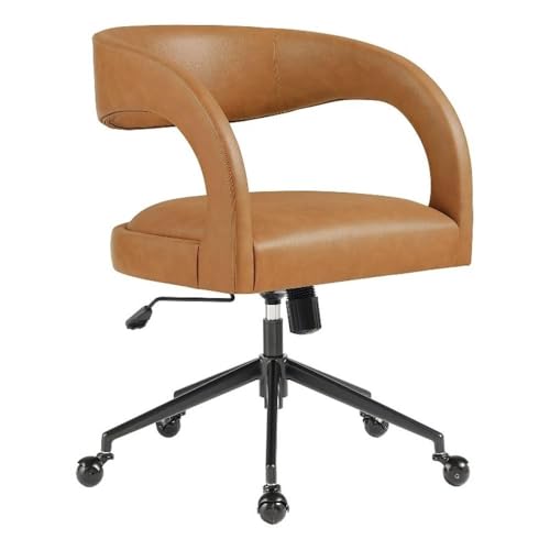 Modway Pinnacle Faux Leather Home Office Desk Chair in Tan – Upholstered Height Adjustable Barrel Desk Armchair with Rolling Wheels – PU Task Chair for Dorm Room, Vanity, or Bedroom